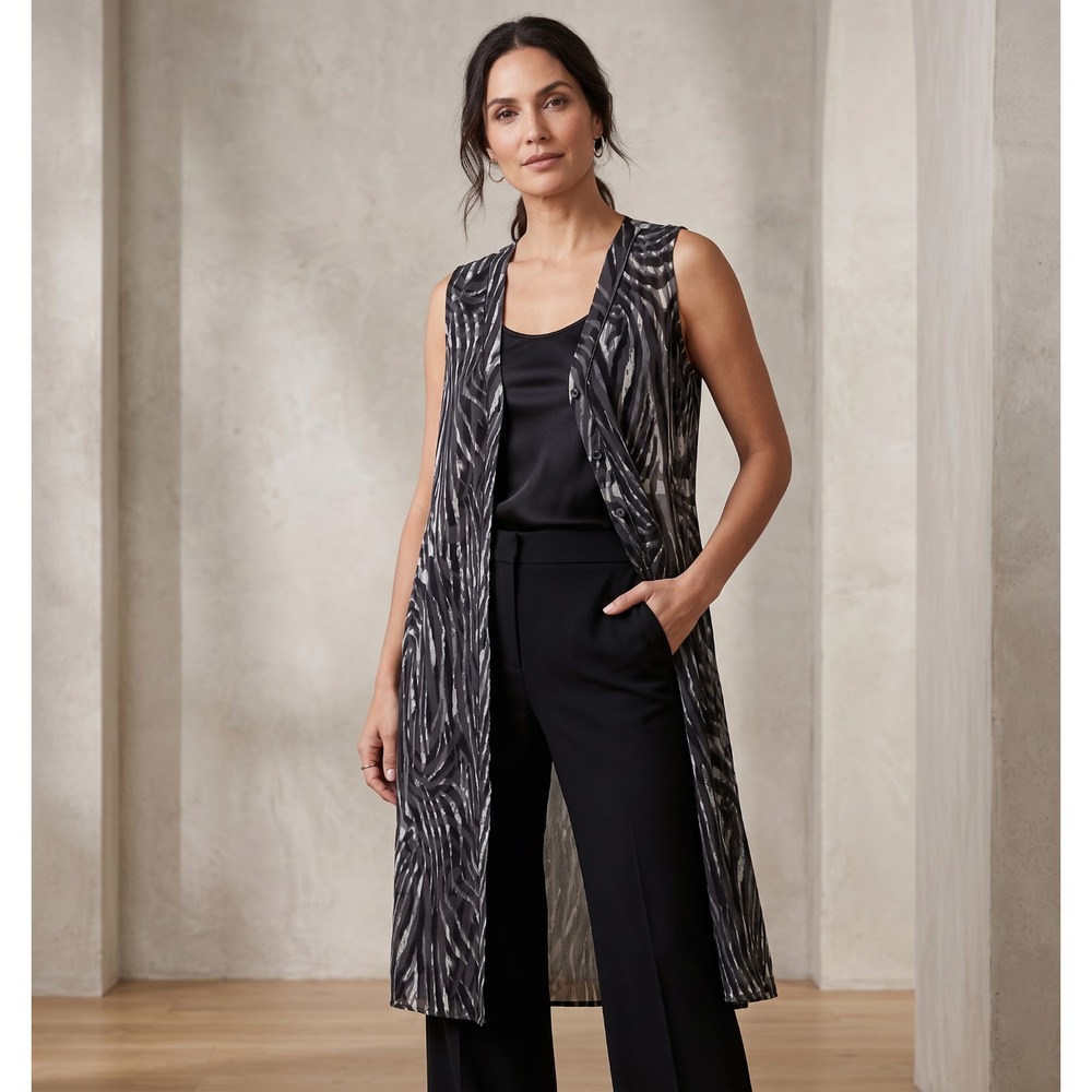 Signature Collection Zebra Sleeveless Duster Vest Button Longline Y2K Indie S